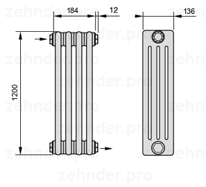 Схема (чертеж) Радиатор Zehnder Charleston 4120/4 №1670 Белый глянцевый RAL 9016
